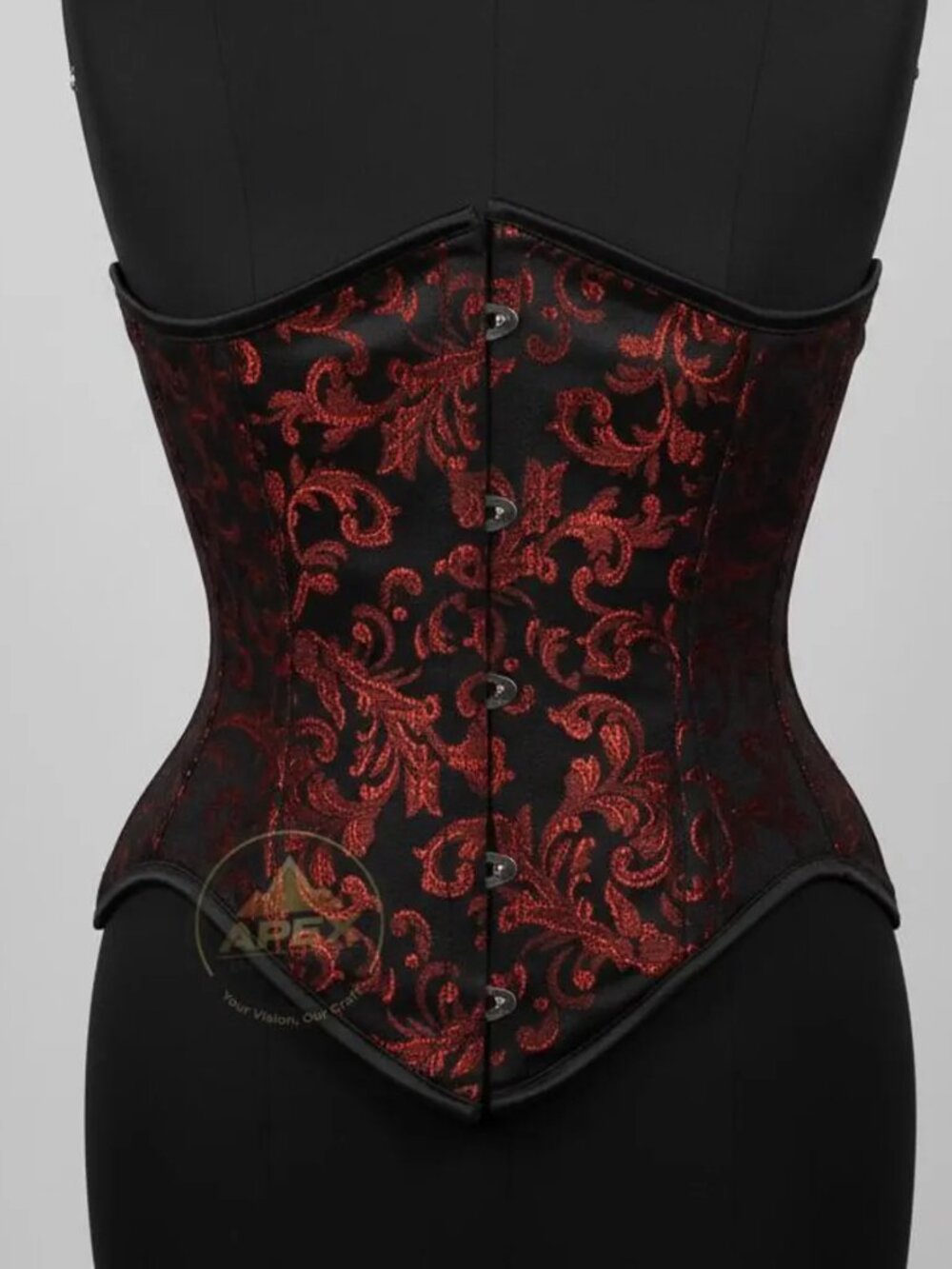 Red Brocade Underbust Corset – Steel Boned Gothic Waist Cincher
